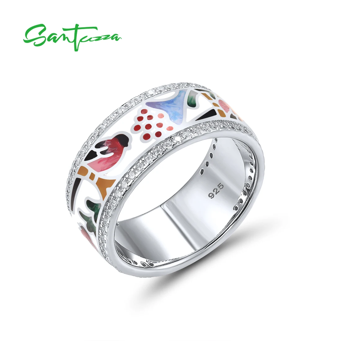 

SANTUZZA Pure 925 Sterling Silver Rings For Women White Cubic Zirconia Red Bird Enamel Rings Trendy Party Fine Jewelry Handmade