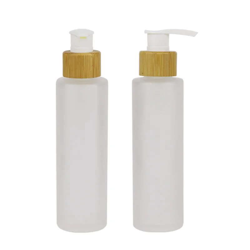 

100ml Empty Cosmetic Toner Bottles Frosted Glass Bottles with Bamboo Wood Lid Lotion Shampoo Pump Cap