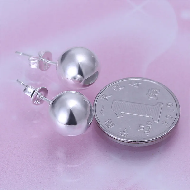 Pendientes de tuerca de bola redonda para mujer, joyería de alta calidad chapada en plata, aretes elegantes de moda, venta al por mayor de 8mm/10mm