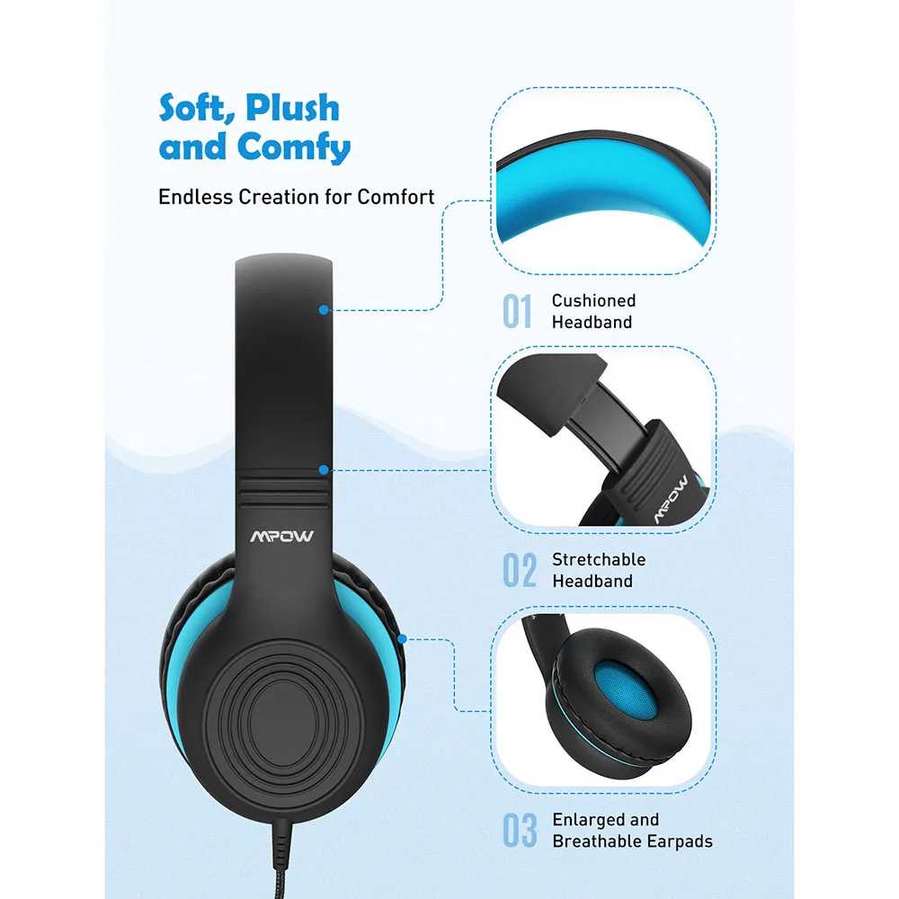 Mpow CH6S Wired Headphones For Kids With Microphone Max 85dB Food Grade Material Over-Ear Kids Headphones For iPad Kindle Phones