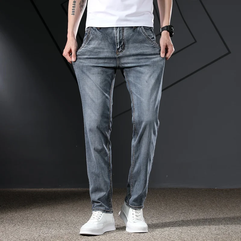 Men\'s Jeans Trousers Straight Cut Spring and Summer Stretch Men Denim Pants Streetwear Zipper Pockets Business Casual Quality