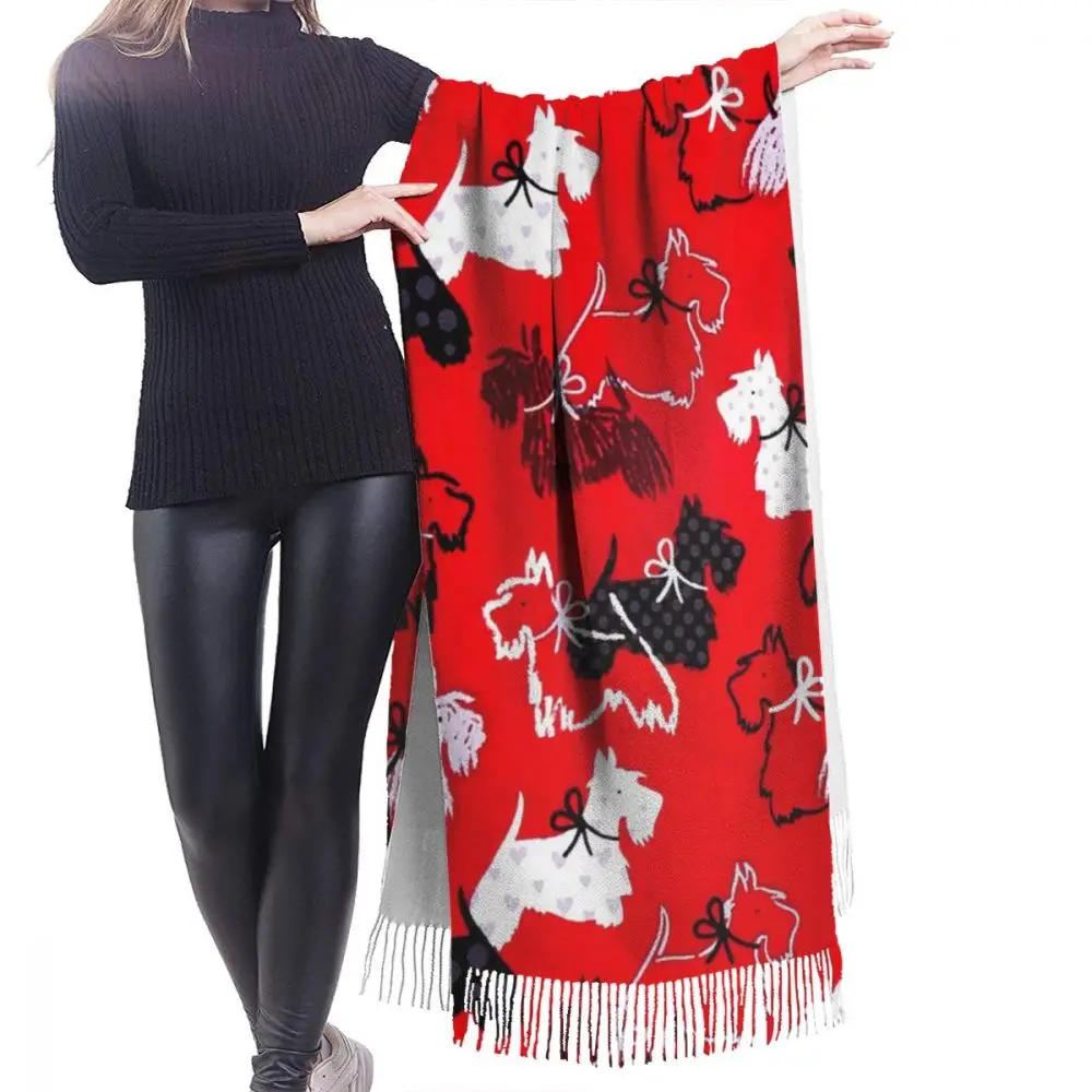 Cartoon Westie Print Bandana Autumn Winter Female Scarf Women Imitation Cashmere Long Shawl Wrap Blanket Warm Tassel Red Hijabs