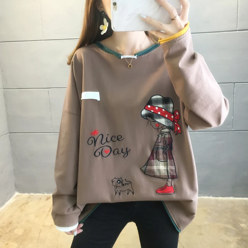 ZuoLunOuBa Spring Autumn Women T Shirt Embroidery Patch Head Down Walking Pretty Girl Tees Long Sleeves Fashion Tops Female