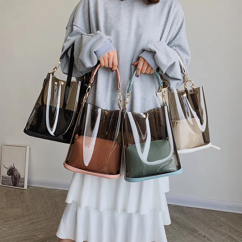 Sac à main transparent pour femmes, 2 pièces, gelée, bonbons, plage, épaule, mode d'été, sac seau XA67E