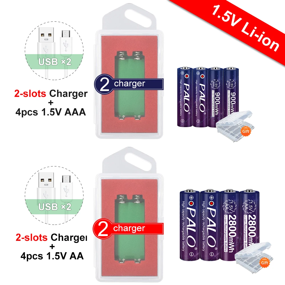 

PALO AA + AAA rechargeable AA 1.5V 2800mWh/1.5V AAA 900mWh Li-ion battery flashlight toys watch 1.5v lithium aa battery