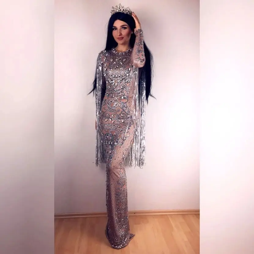 Luxury Evening Celebrate Model Catwalk Long Dress Sparkly Rhinestones Fringe Dresses Women Photograph Stage Performance Costume