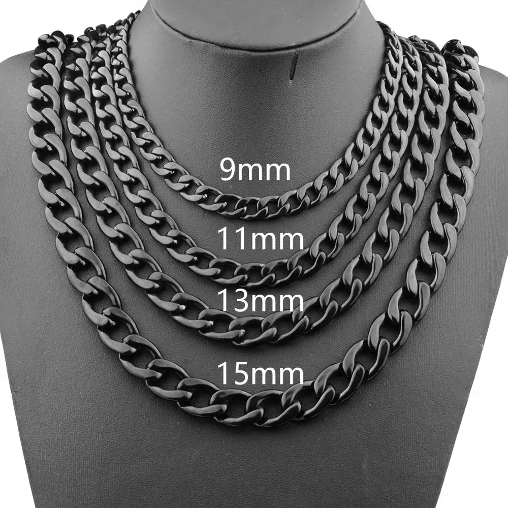 Granny Chic 9/11/13/15mm Mens Chain Heavy 316L Stainless Steel Black(Color) Cut Double Curb Link Figaro Necklace Wholesale