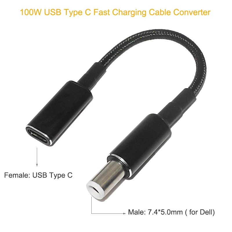 100W Type C Adapter Converter USB-C PD Fast Charging Cable Cord USB Type C Female to 7.4*5.0mm Plug for Dell Laptop Charger