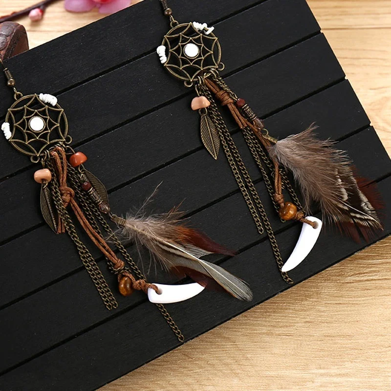2pieces Dreamcatcher Dangle Ear Gauges Ear Flesh Tunnel Plugs Bohemian Feather Tassel Ear Reamer Piercing Expander Body Jewelry