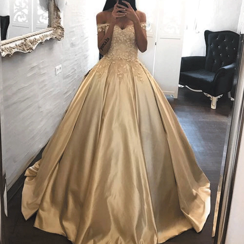 SuperKimJo Robes De Bal Gold Vintage Prom Dresses Ball Gown off the shoulder Simple Pageant Dresses for Women Vestidos De Fiesta