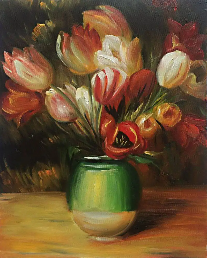 

Tulips in a Vase by Pierre Auguste Renoir Oil Painting Reproduction Handpainted Flower Still Life Wall Art on Canvas for Kitchen