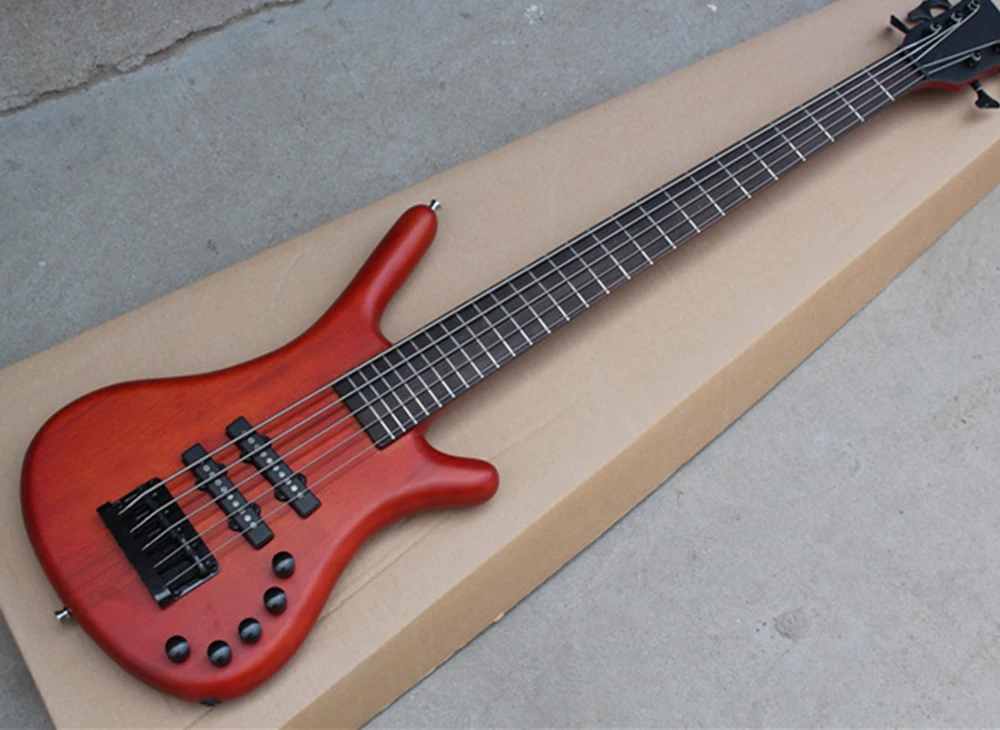 

5 Strings Matte Red-brown Electric Bass Guitar with Ash Body,Rosewood fretboard