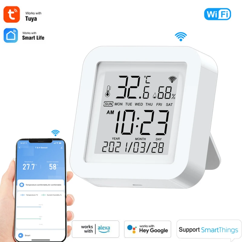 

Tuya Smart WiFi Temperature And Humidity Sensor USB Power With LCD Screen Display Work With Alexa Google Assistant SmartThings