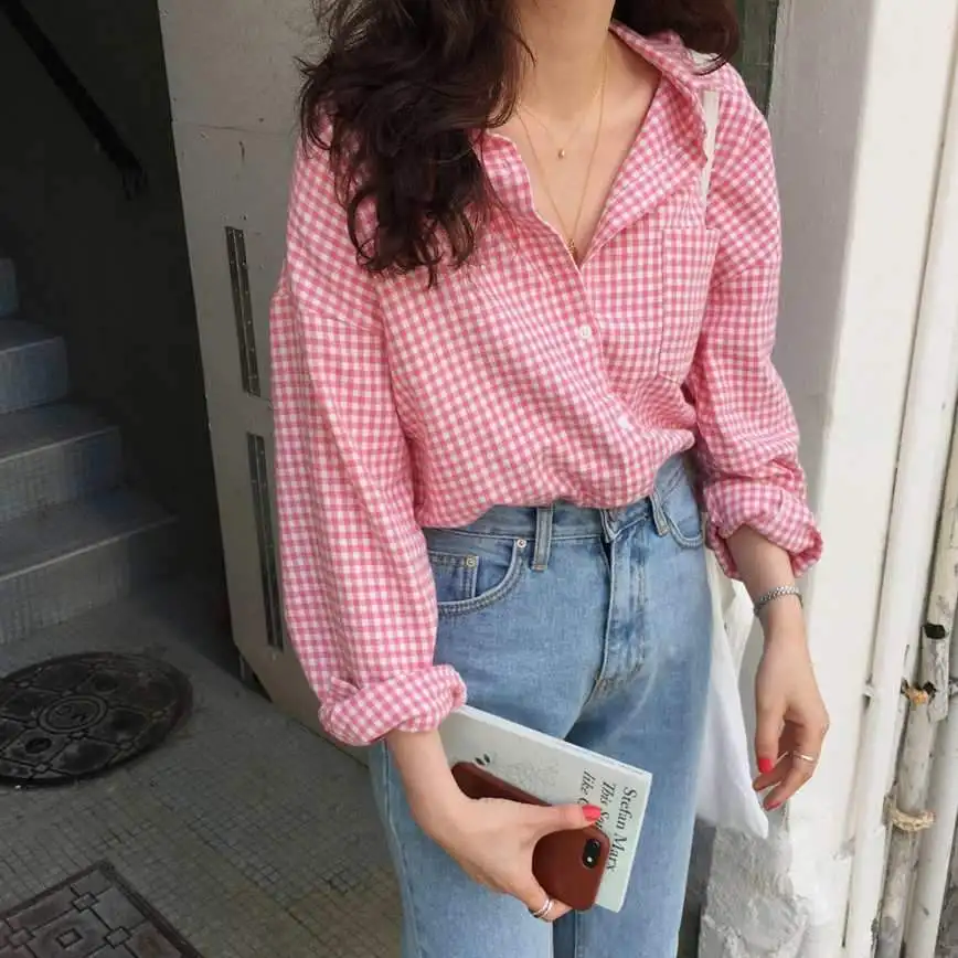 

New 2020 Women Spring Summer Blouse Shirts Plaid Fashionable Single Breasted Casual Loose Wild Sweet Pink Tops
