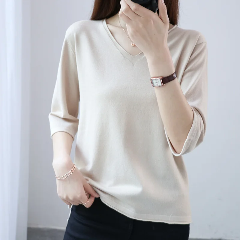 women's pure cotton  new women's spring and autumn wear bottom shirt women's loose and versatile V-Neck Sweater