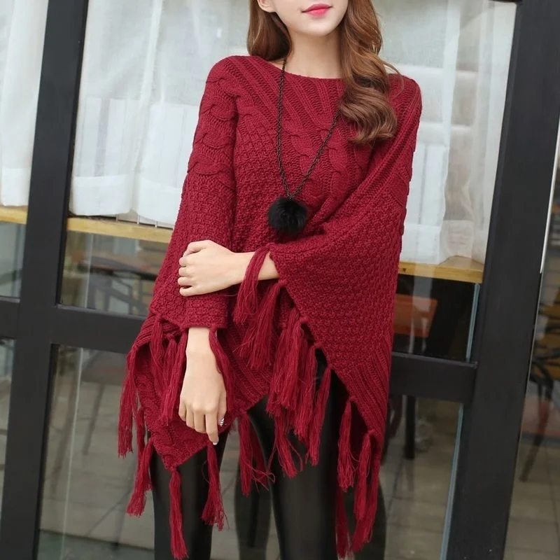 

Sweater Women Cape Spring Autumn Hollow Knitted Top O Neck Cloak Shawl Bat Tassel Knitwear Fashion Pullover 2022 Poncho Femme