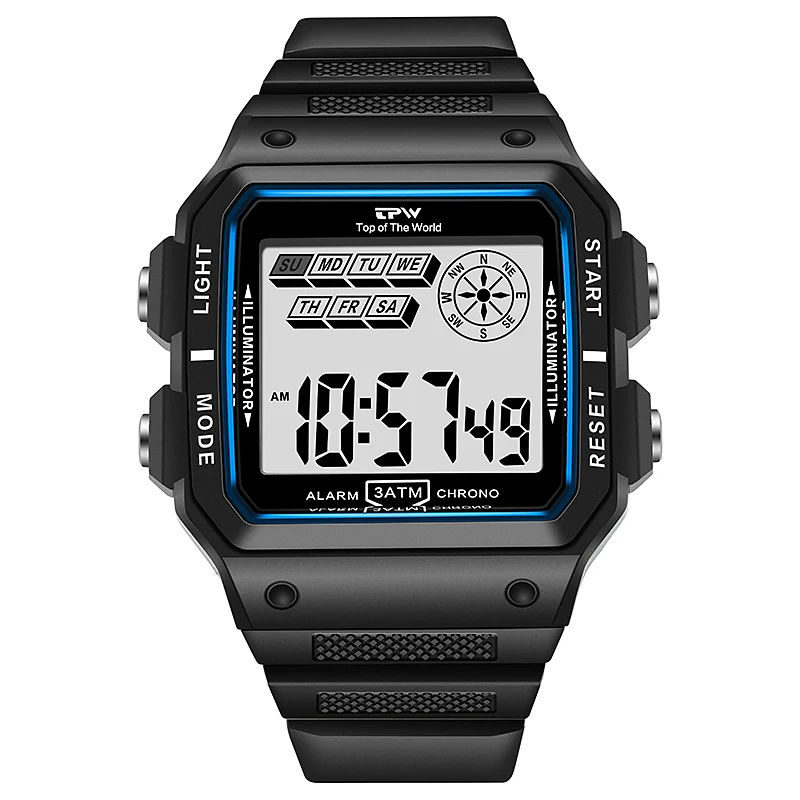 

Shock Resistant Digital Watches 3ATM Rectangle Dial Tough Structure