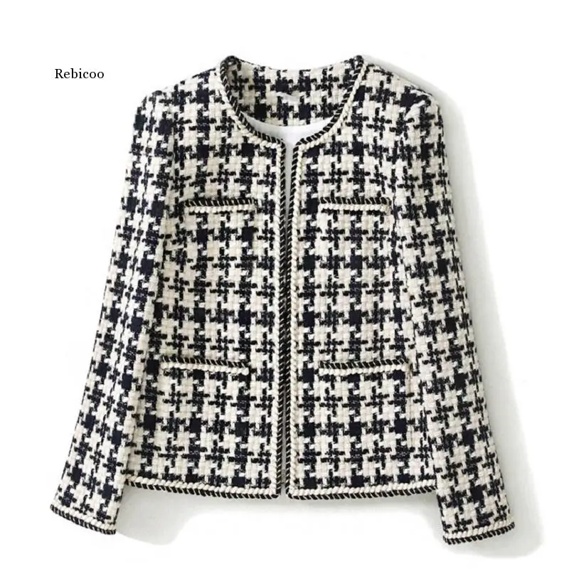 Plaid Tweed Jackets Women O-Neck Long Sleeve Office Lady Wool Coats Autumn Winter Outwear Vintage Korean Elegant