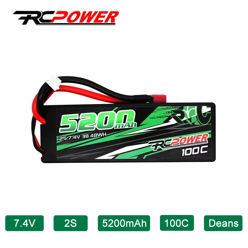 

RCPOWER 2S Lipo Battery 5200mAh 7.4V 100C With T Deans Plug HardCase For RC Car Truck Helicopter Boats Airplane Drone