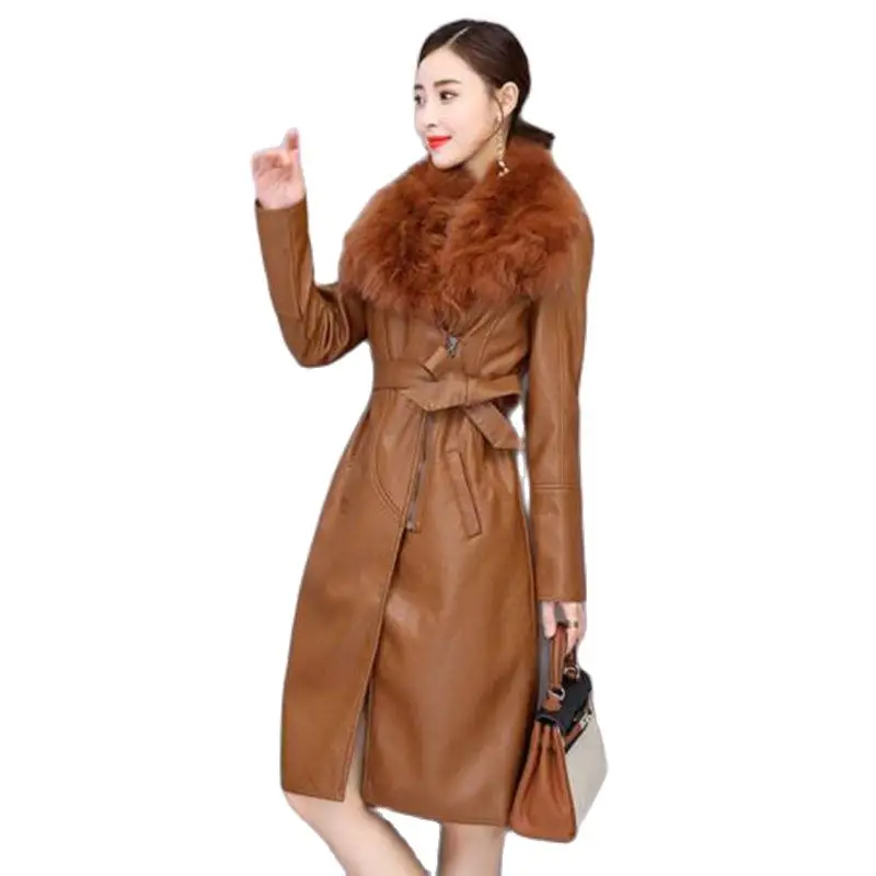 2025 New Autumn Winter Leather Jacket Women\'s Clothing Add Velvet Thicken Mid-Length Big Fur Collar Slim Ladies Leather Coat