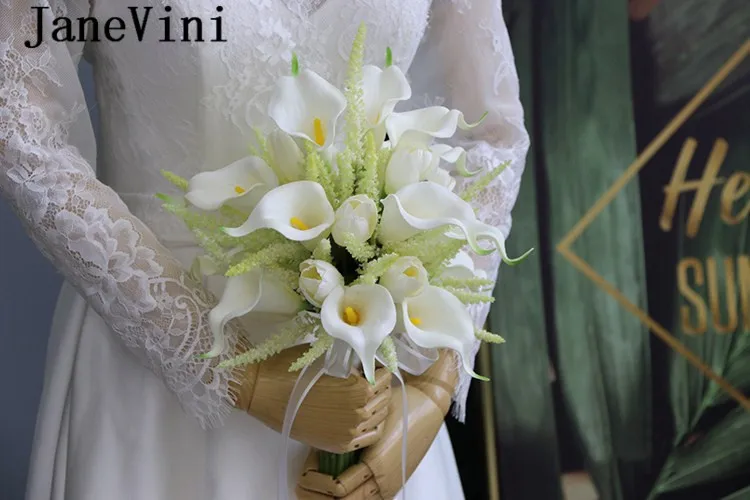 JaneVini Branco Marfim Damas de Honra Bouquets Artificial Coréia do Lírio de Calla de Casamento Flores De Seda Mão Buquê de Noiva Da Dama de honra 2019