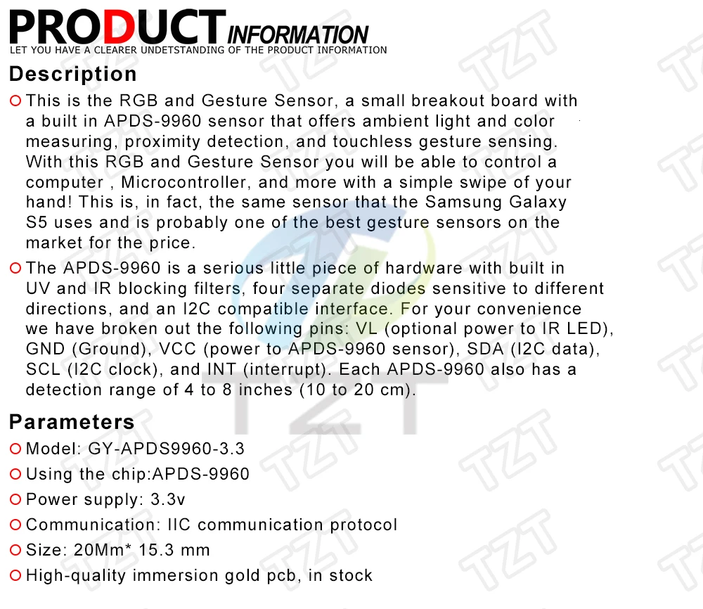 TZT 1/3PCS GY-9960-3.3 APDS-9960 Näherungserkennungs- und berührungslose Gestensensoren RGB und Gestensensor für Arduino – Detail 1