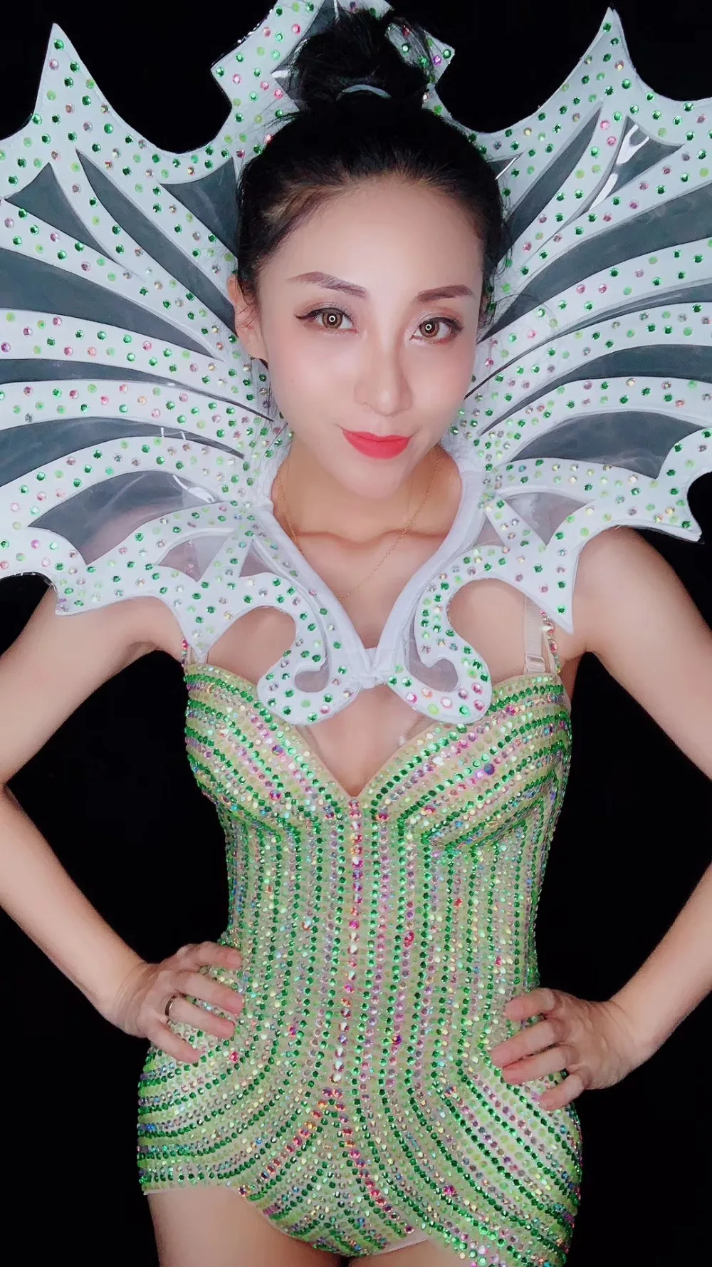 Sexy Jazz Stage Wear Models Catwalk Costumes Green Rhinestones Perspective Bodysuit Headdress Women Nightclub DJ Singer Costume