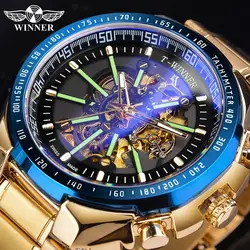 Fashion Winner Blue Light Glass New Mens Watches Black Golden Full Stainless Steel Waterproof Sport Automatic Luminous Clocks