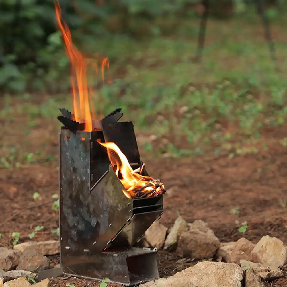 Imagem -04 - Fogão a Lenha Portátil Dobrável Foguete Ardente Dobrável Acampamento ao ar Livre Caminhadas Piquenique Churrasco Cozinhar Aço Inoxidável