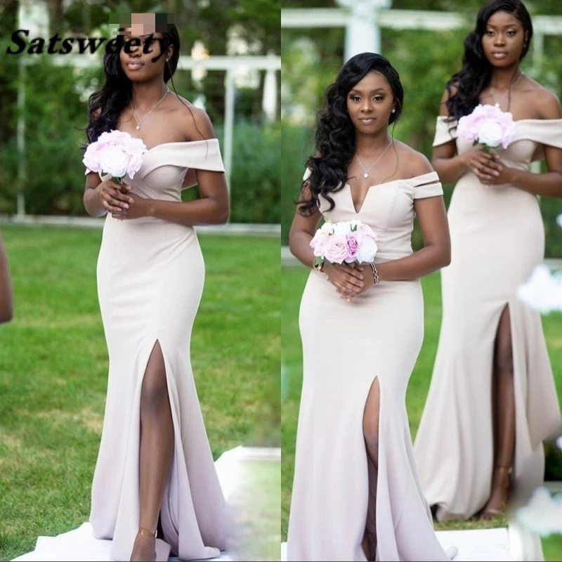 Chamgpagne Bridesmaid Dresses V-Neck Off The Shoulder Side Slit Bridesmaid Dresses With Zipper Back Wedding Party Dresses