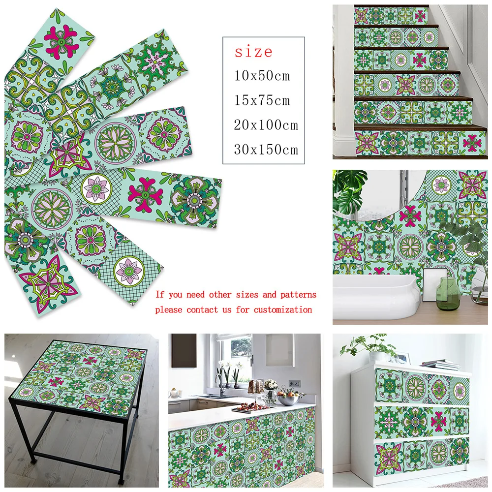 Green Color Strip Floral Ornament Ceramic Tiles Wall Sticker Kitchen Wardrobe Drawer Stairs Decoration Wallpaper Art Wall Decals