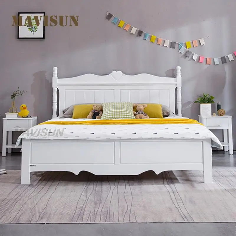 Nordic Simple Style Children Wood Color Bed Natural Beauty 1.5m 1.8m Wood Platform Bed Bedroom Space Saving Furniture Set