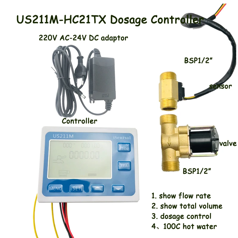 

100C US211M-HC21TX Dosage Machine Quantitative Controller Water Flow Meter Sensor Reader with USC-HS21TX 1-30L/min 24V Displayer