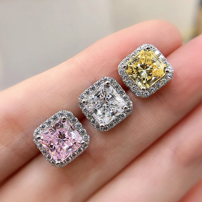 OEVAS 100% 925 Sterling Silver 7*7mm Pink Yellow High Carbon Diamond Stud Earrings For Women Sparkling Wedding Fine Jewelry Gift