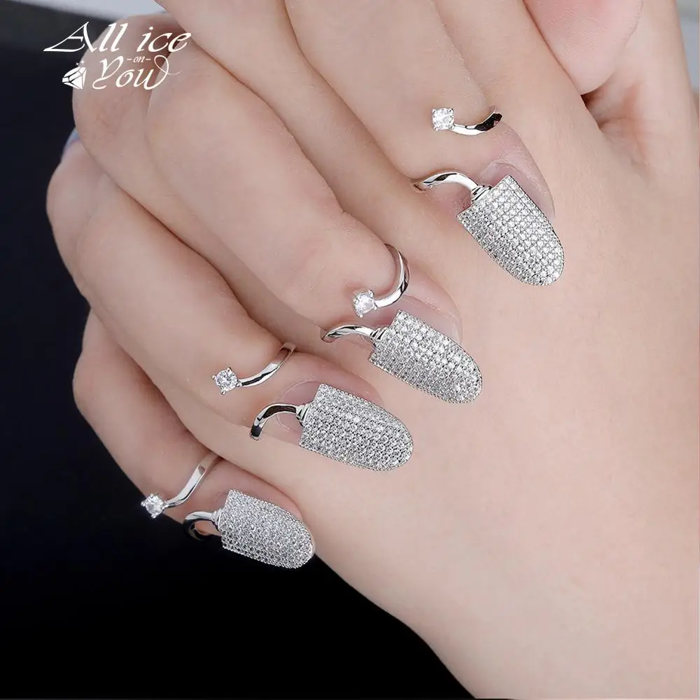 ALLICEONYOU New Iced Out Fashion Cubic Zirconia Fingernail Revolving Round Ring 1-10pcs Women Rings Hip Hop Jewelry For Gift