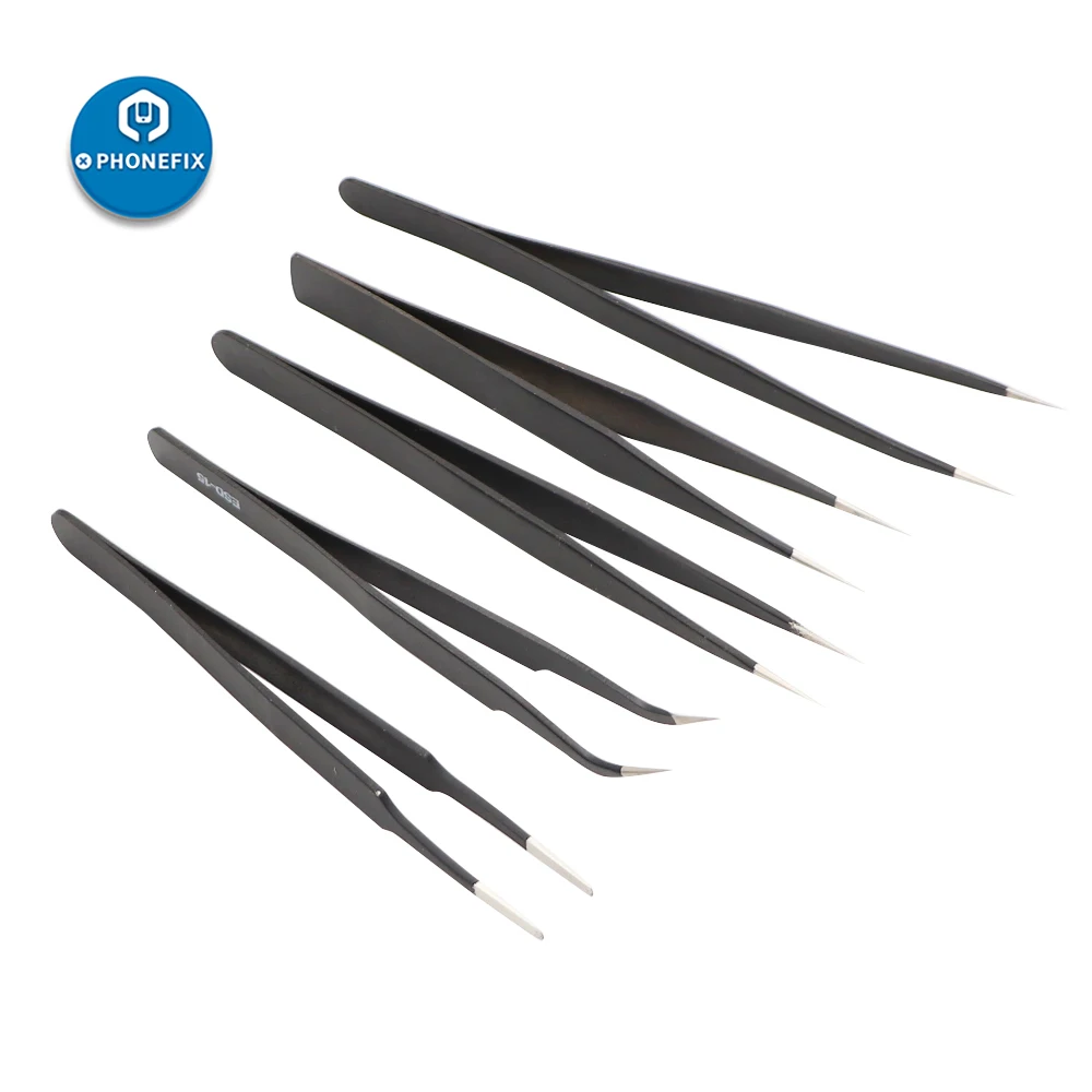 10Pcs Anti-Static ESDสแตนเลสสตีลแหนบเครื่องมือElectronics Industrial Precisionโค้งตรงซ่อมแหนบ