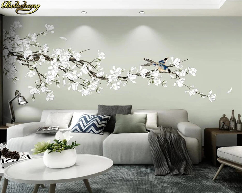 

beibehang Custom wall paper mural new Chinese style hand painted flowers and birds filigree Magnolia background 3d wallpaper
