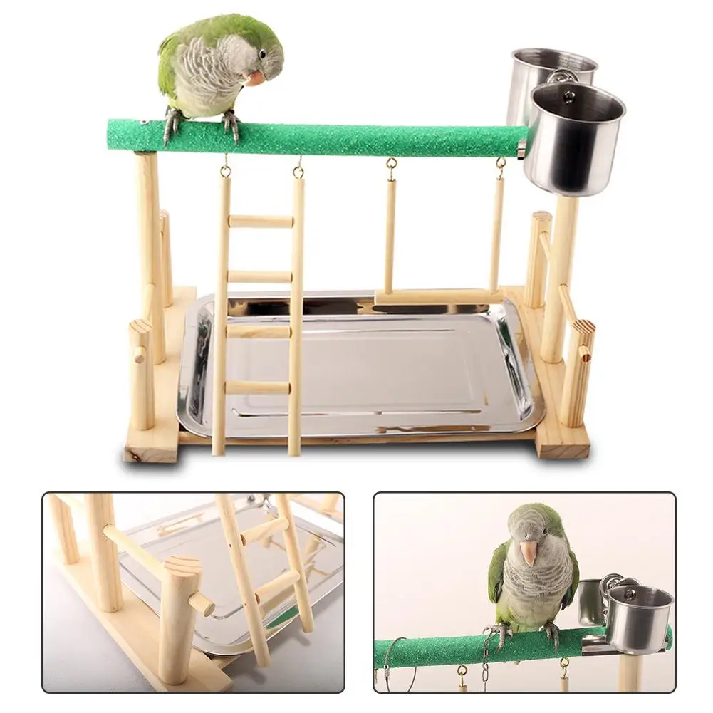 Parrot Play Perch Bird Parrot Play Training Stand Playground Wooden Perch Playpen Exercise PLaygym With Feeder Cup