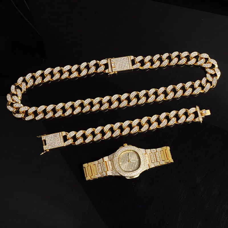 Anztilam Bling Iced Out Cuban Chain Set Necklace & Watch & Bracelet Paved Rhinestones For Men Women RapperHip Hop  Jewelry Set