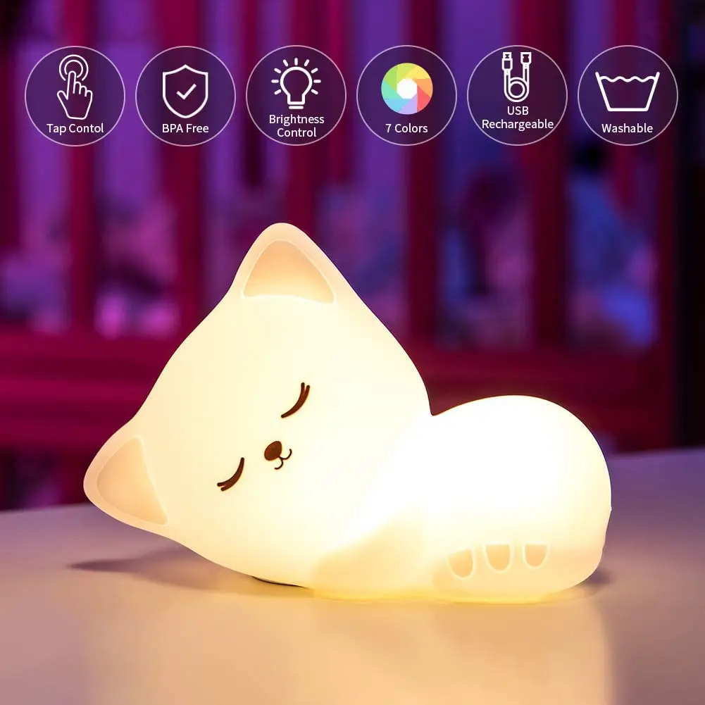 

Cute Kitty Kids Night Light Cat LED Pat Sleeping Lamp Birthday Gift Room home Decor Bedroom lighting For Baby Girl Boys Children