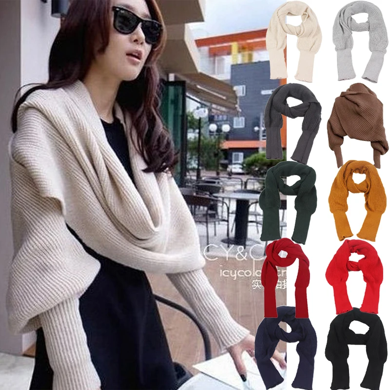 Unisex Winter Women Men Soft Warm Knitted Solid Sweater Scarf With Sleeve Wrap Shawl Scarves 240 x 50cm