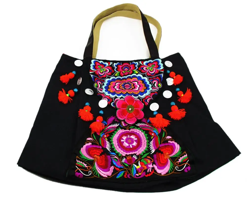 2-Usage Hmong Vintage Ethnic Tribal Thai Bohemian shoulder Messenger Tote Bag Handmade, Embroidery Pom Trim Bell SYS-568