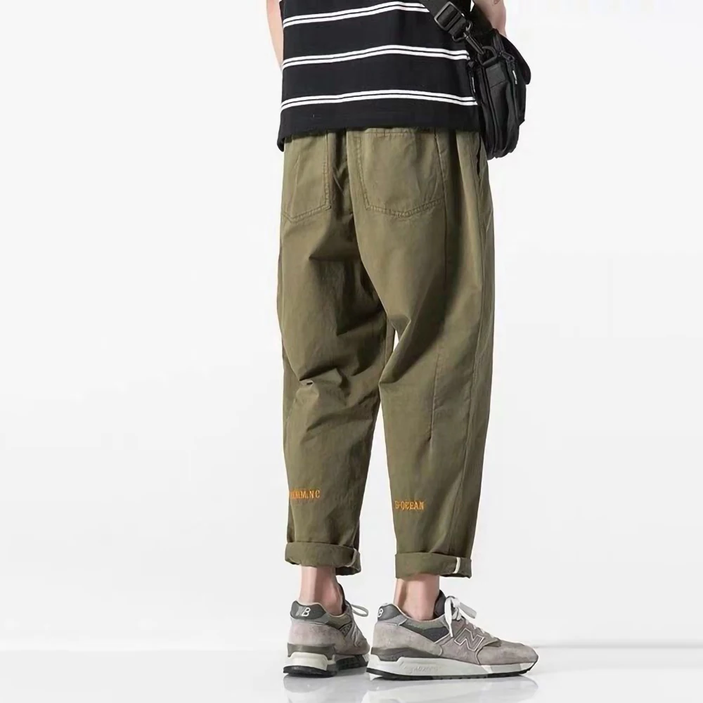 Cotton Man Pants Streetwear Wide leg Harem Pants Sweatpants Male Korean Fashion Trousers With Belt Causal Embroidery