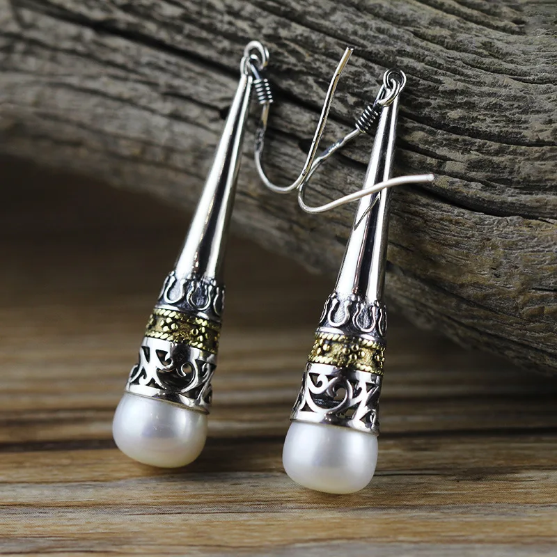 

Real S925 Silver Carved Inlaid with Natural Pearl Earrings Original Ethnic Style Personality and Fashion Women's Earrings