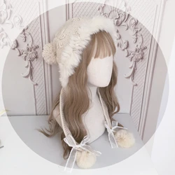 Lolita element autumn and winter warm rabbit fur ear protection hat knitted wool hat cute fur ball