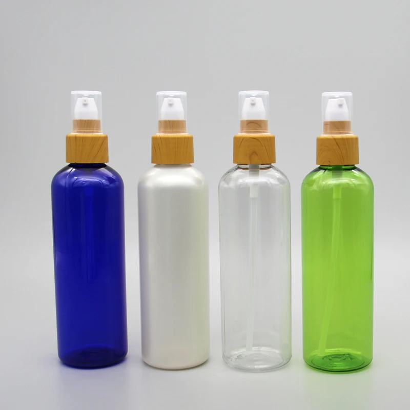 200ML 30pcs Transparent Plastic Bottle With Wood Grain Lotion Pump, Empty Cosmetic Toner Essence Packaging Bottles