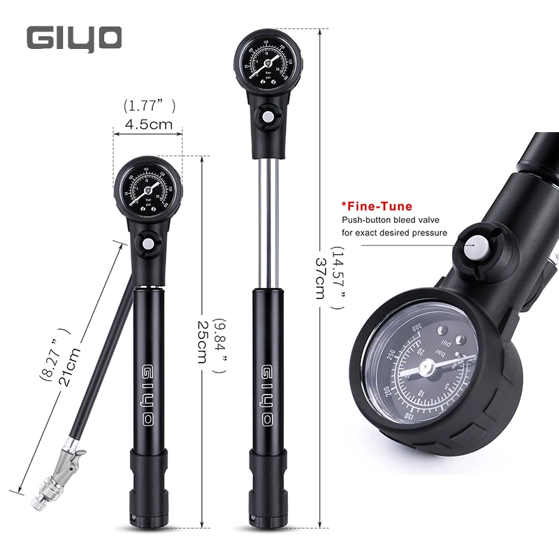 300psi Giyo MTB Shock Fork Pump Bicycle Tyre Inflator Schrader Presta HP/HV Two Mode Inflate Rear Suspension Pump with Gauge