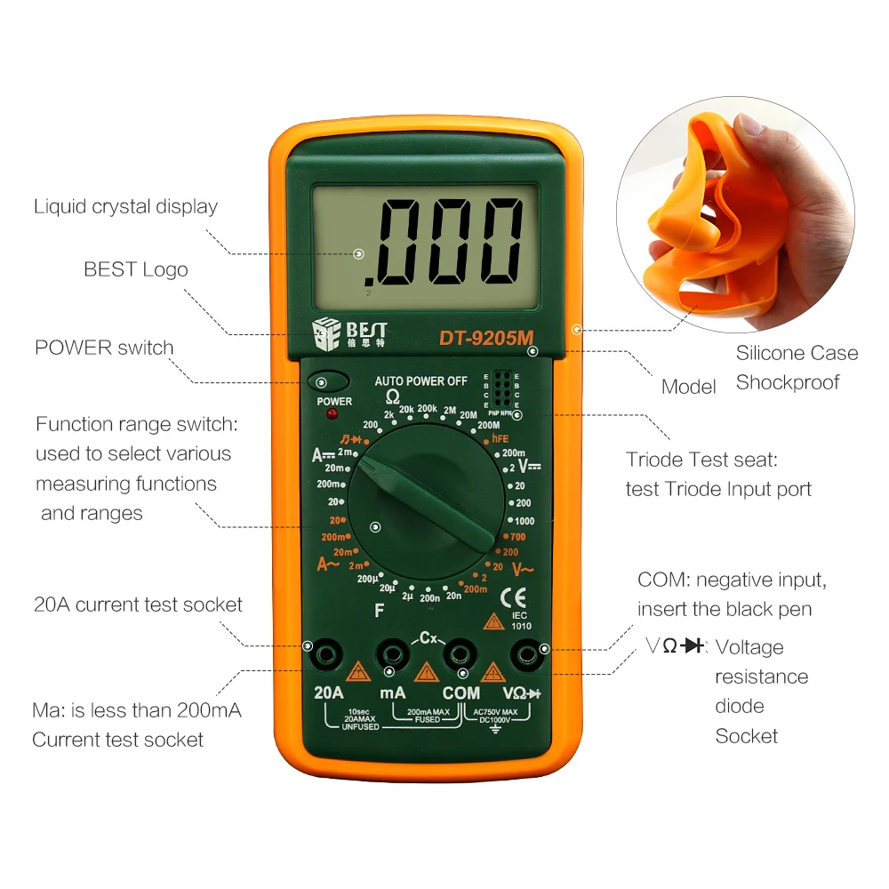 BST-9205M Handheld Electronic Multimeter Phone Repair DC Voltage Electric AC Voltage Current LCD Digital Multimeter Tester