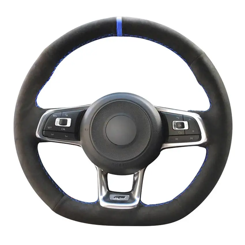 Hand Sew Black Suede Blue Marker Steering Wheel Cover for Volkswagen VW Golf 7 GTI Scirocco Tiguan Allspace (R-Line) Jetta (GLI)