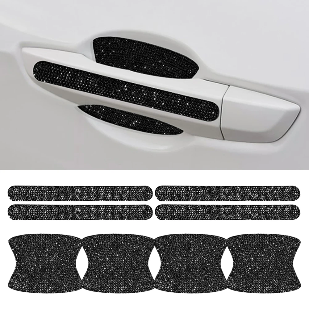 8pcs Bling Car Door Bowl&Door Handle Protector Kit Shiny Rhinestones Scratch-Resistant Stickers Door Cup Handle Protective Film